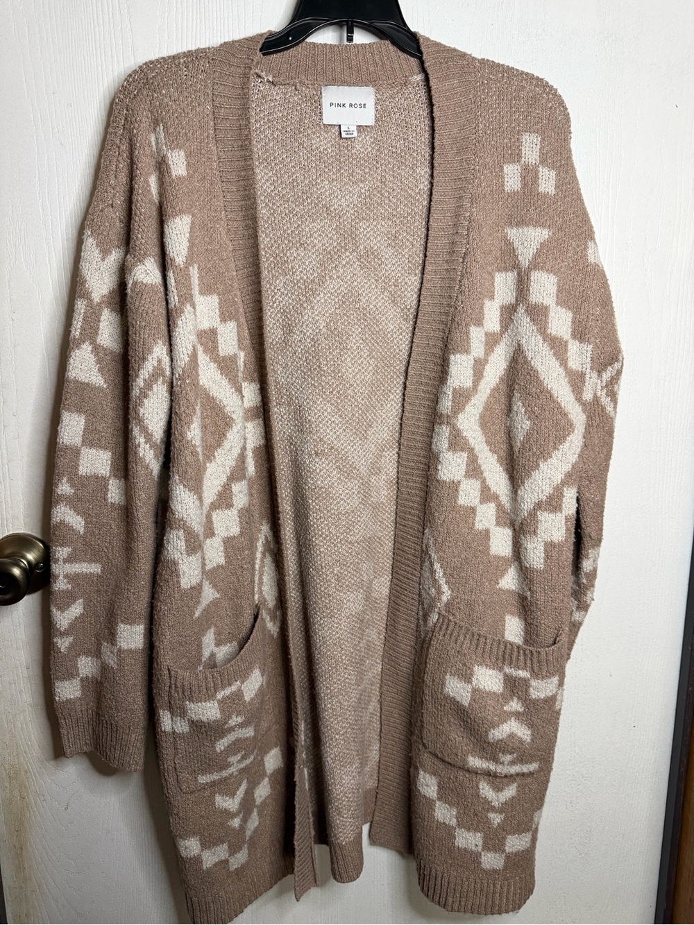 Pink Rose Taupe and Cream Aztec Open-Front Cardigan